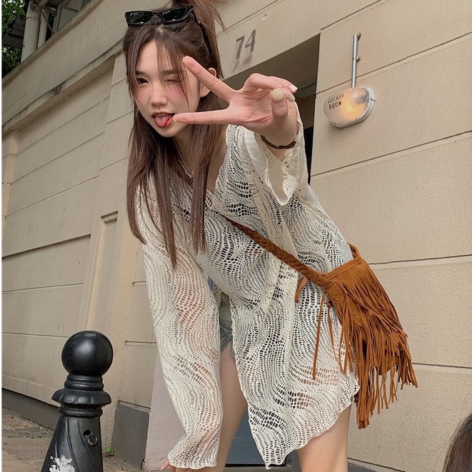 QKOOLE Áo tay dài dáng rộng thiết kế đục lỗ phong cách Hàn Quốc thời trang cho nữ