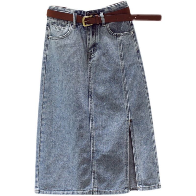 Chân váy chữ A dài lưng cao vải denim thiết kế xẻ tà thời trang 2021 cho nữ