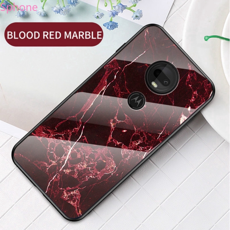 For Motorola Moto G7 Power Play Marble Pattern Tempered Glass Shockproof Protection Phone Case
