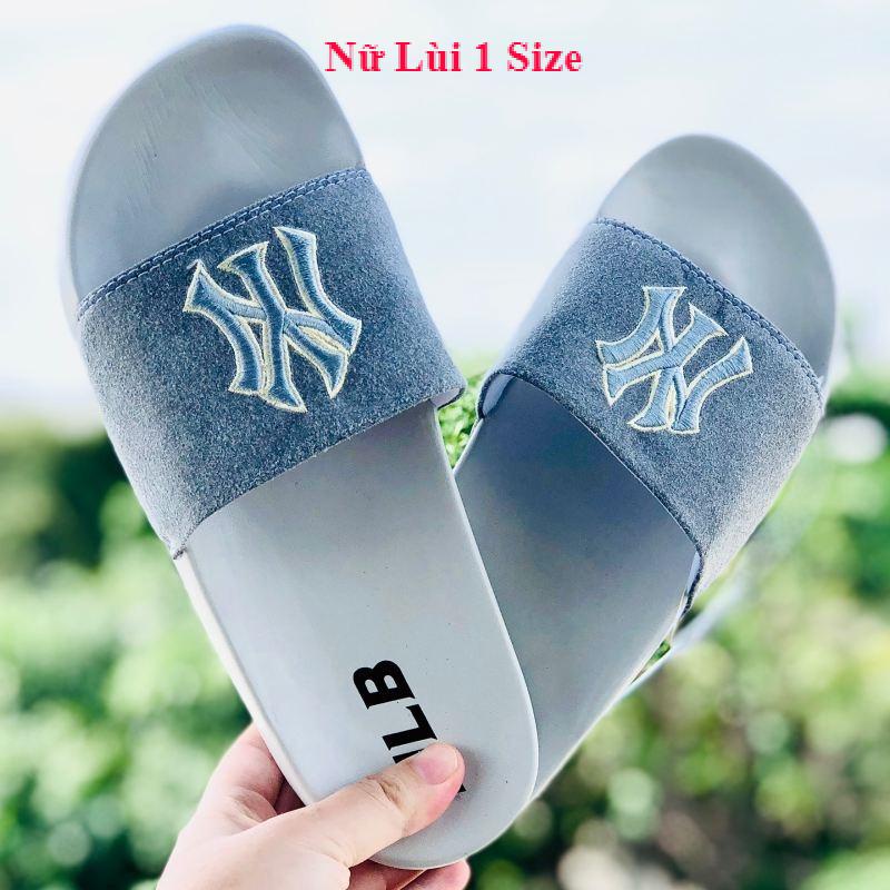 Dép unisex 𝐌𝐋𝐁 ❤️FREESHIP + Hộp❤️ dép mlb bóng chày quai ngang thể thao nữ in NY da lộn, đế ip bền, full-xám