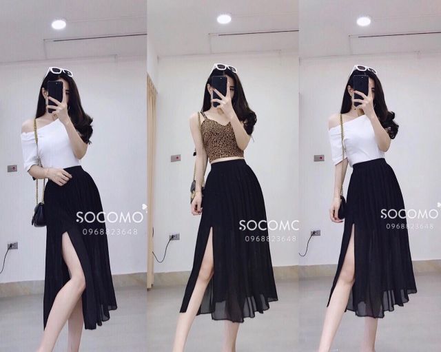 Chân váy xếp li dài xẻ đùi đẹp_chân váy Maxi đi biển sexy