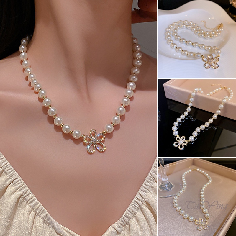 GETNOIVAS Vòng cổ Mặt Hình Bông Hoa Đính Đá Và Ngọc Trai Thời Trang Dành Cho Nữ