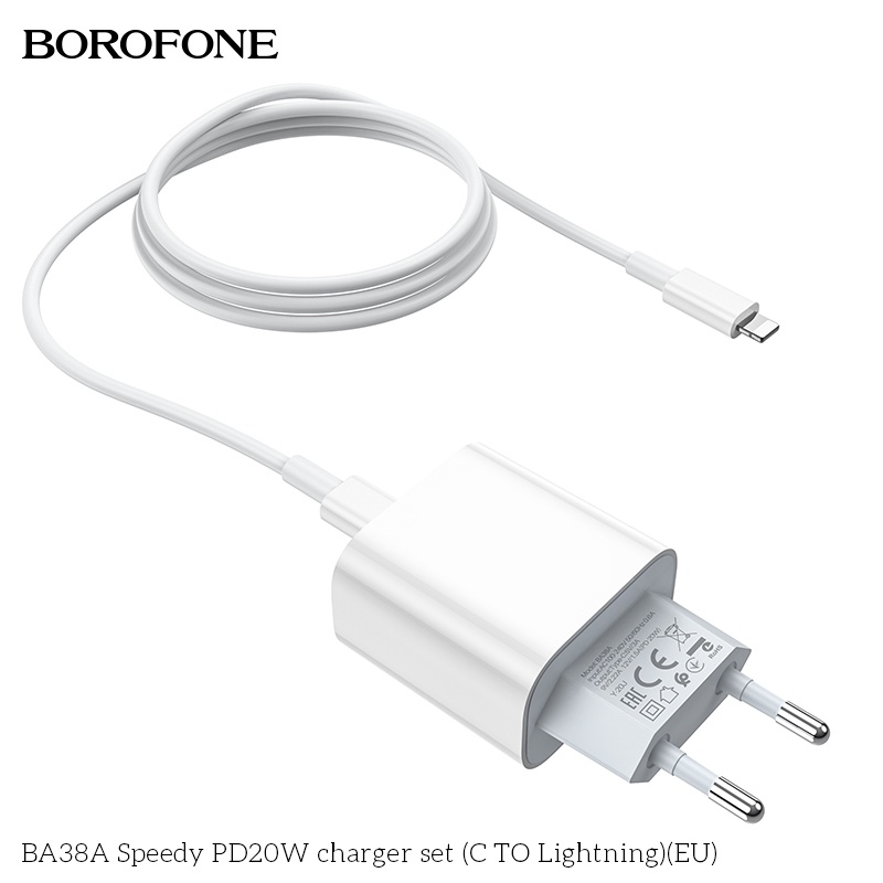 Bộ sạc nhanh PD20W BOROFONE BA38A Plus cổng USB-C, QC3.0 kèm cáp Type-C ra IP dài 1m - Chính hãng