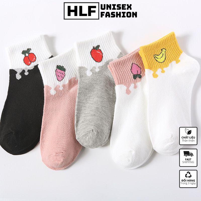 Tất vớ nữ Cotton cổ tròn in 5 hình cherry chuối, tất vớ cổ ngắn HLFashion