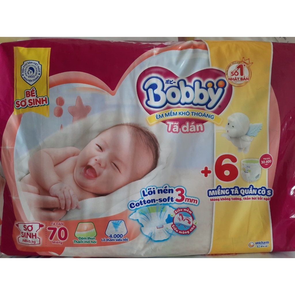 Bĩm dán bobby,tã dán sơ sinh siêu thấm bobby đủ size xs70 s56 s80  tặng kèm thêm miếng mẫu mới lõi nén thần kỳ