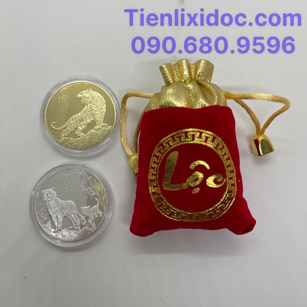 Cặp Tiền Xu Úc Con Hổ Cọp Mạ Vàng Bạc Kèm Túi Gấm Lộc