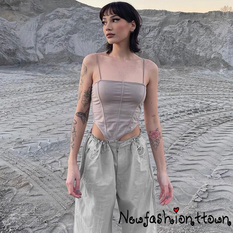 Nfashion-y2k Quần Dây Rút Lưng Vừa Màu Trơn Thư Giãn Có Túi Dành Cho Nữ