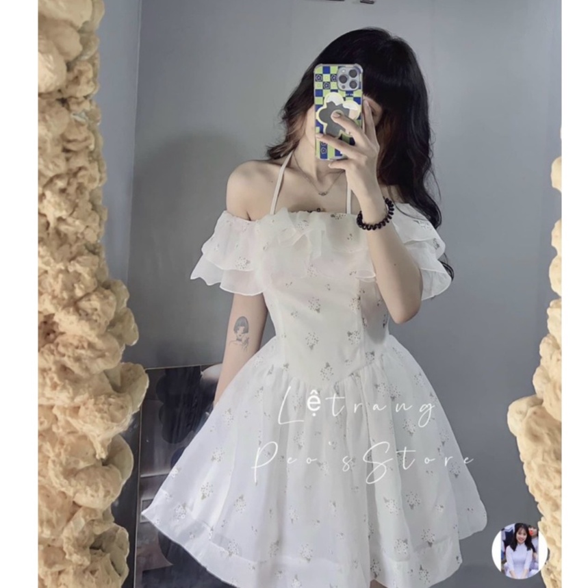 Đầm hoa nhí bẹt vai bèo - Maxi ngọc lan