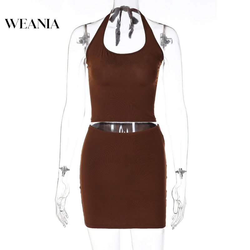 Set Áo Tank Top Hở Lưng + Chân Váy Lưng Cao Màu Trơn Phong Cách Quyến Rũ