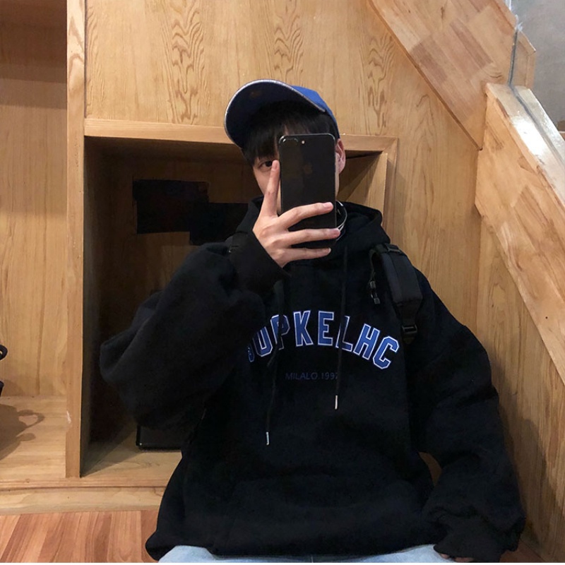 Áo hoodie tay dài lót nhung dày dặn in chữ phong cách Hàn Quốc thời trang mùa đông cho nam size M-5XL