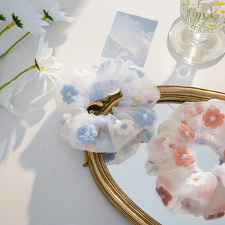 Dây buộc tóc co giãn bản lớn thêu họa tiết hoa xinh xắn