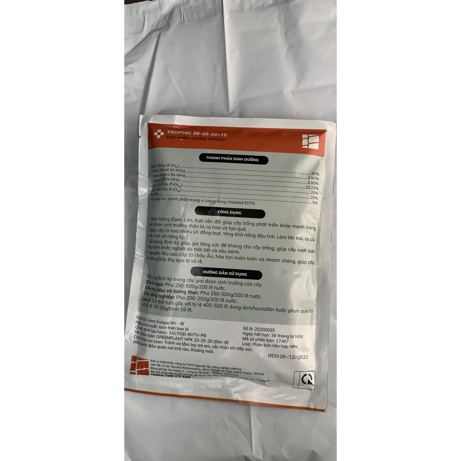 Phân bón cáo cấp TROPHIC nhập khẩu từ Bỉ NPK 30-9-9 +te /20-20-20 te /10-4-40 te gói 250gr
