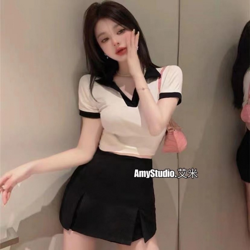 Quần váy Set Áo Sơ Mi polo Ngắn Tay Màu Sắc + Chân Váy Ôm Dáng Thời Trang Dành Cho Nữ