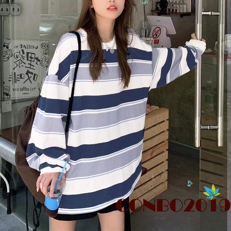 Áo Thun Tay Dài Cổ Tròn Dáng Rộng Họa Tiết Kẻ Sọc Thời Trang Cho Nữ