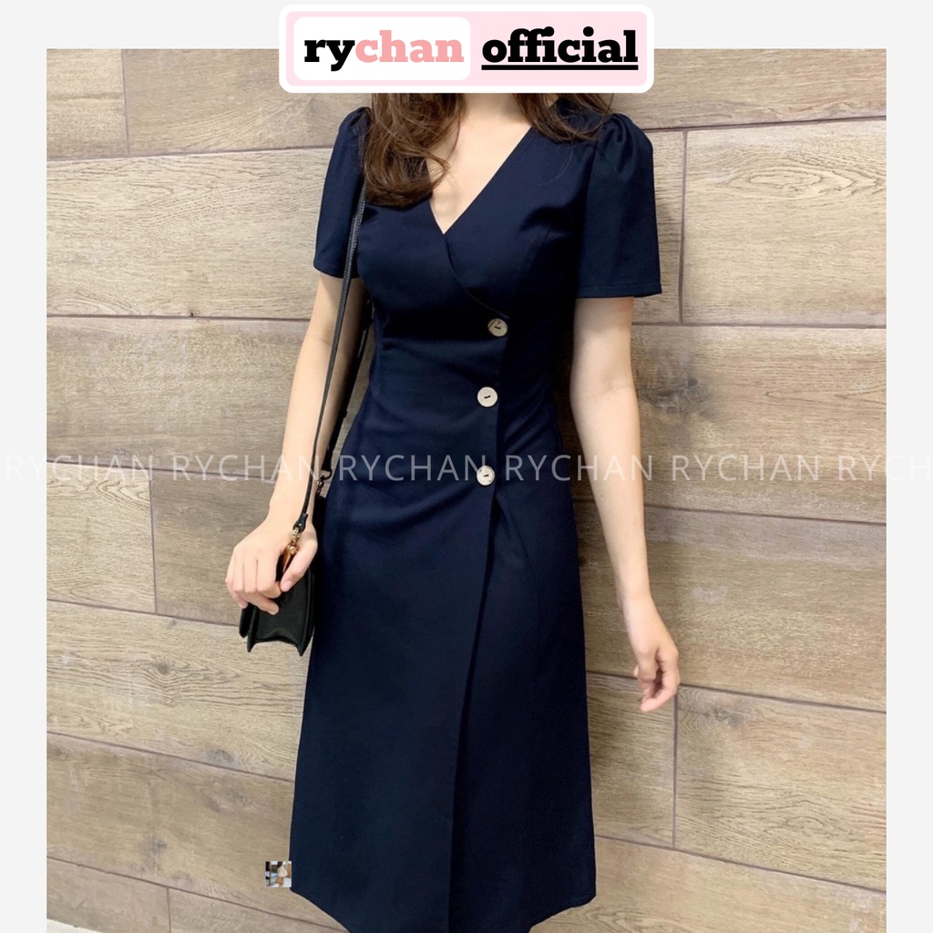 [ẢNH THẬT CUỐI] Đầm Xòe Xanh Đen Cổ V Đính Nút - DX752