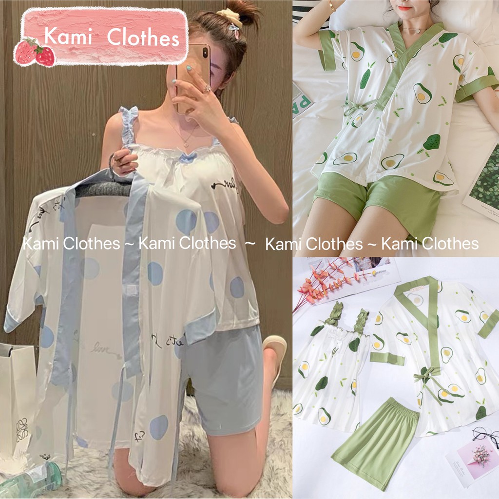 Bộ ngủ nữ 3 chi tiết, set đồ áo 2 dây và quần đùi nữ kèm áo khoác ngoài kiểu dáng yukata - KAMI Clothes | BigBuy360 - bigbuy360.vn
