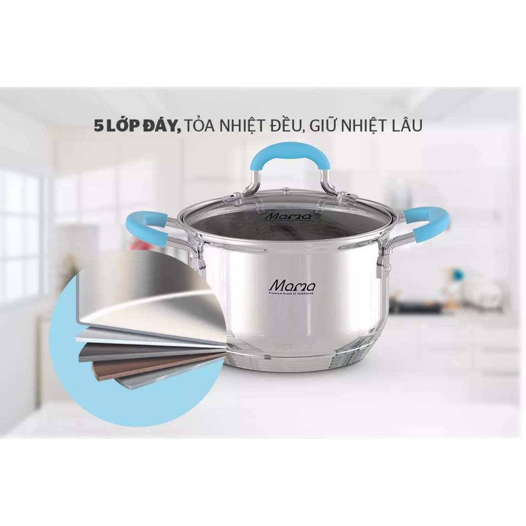 Bộ 3 Nồi Inox 5 Đáy Kèm Chảo chống dính Bếp Từ SUNHOUSE 16cm 20cm 24cm (dùng được mọi loại bếp) Chính Hãng Bảo Hành