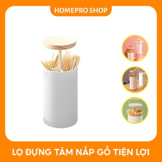 Lọ đựng tăm nắp gỗ, nhấn tiện lợi, đựng tăm, đựng bông tăm đa năng