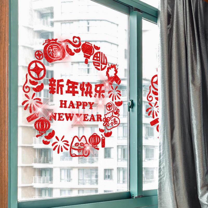 Decal trang trí tết - Vòng tròn chữ HPNY nhũ kim tuyến đỏ
