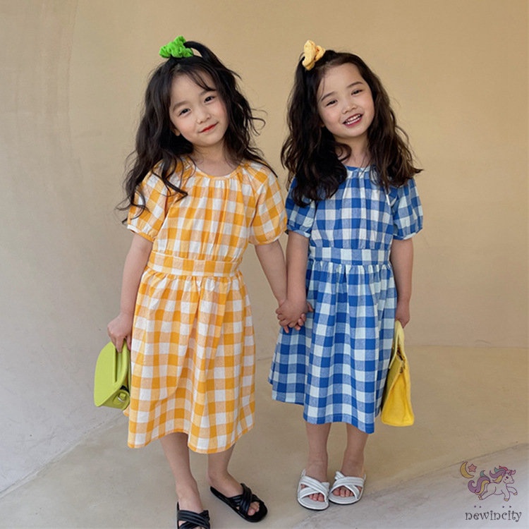 Đầm Cotton Ngắn Tay Họa Tiết Sọc Caro Thời Trang Mùa Hè Hàn Quốc Cho Trẻ Em