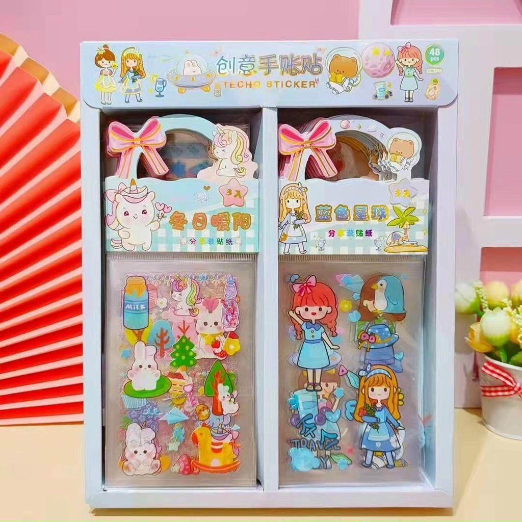 Set túi sticker quai 3 tấm cắt sẵn PET không thấm nước dễ thương nhiều chủ đề, trang trí bukao