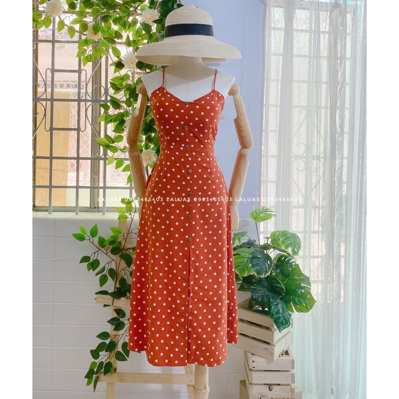 Đầm bigsize 2 dây hở lưng chấm bi có mút ngực Laluas