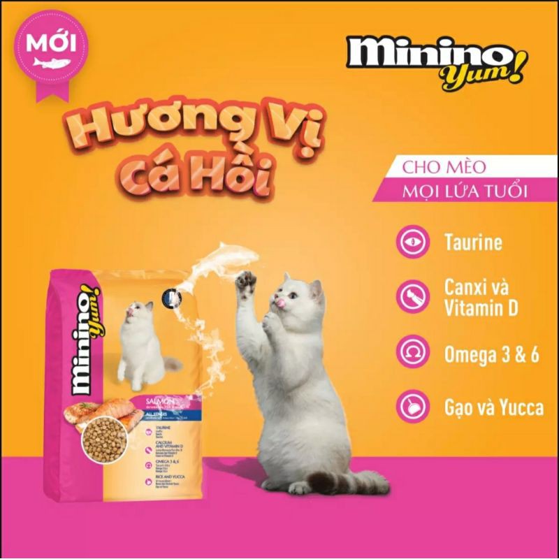 Thức Ăn Hạt Khô Cho Mèo Minino yum vị cá hồi, cá biển 350g