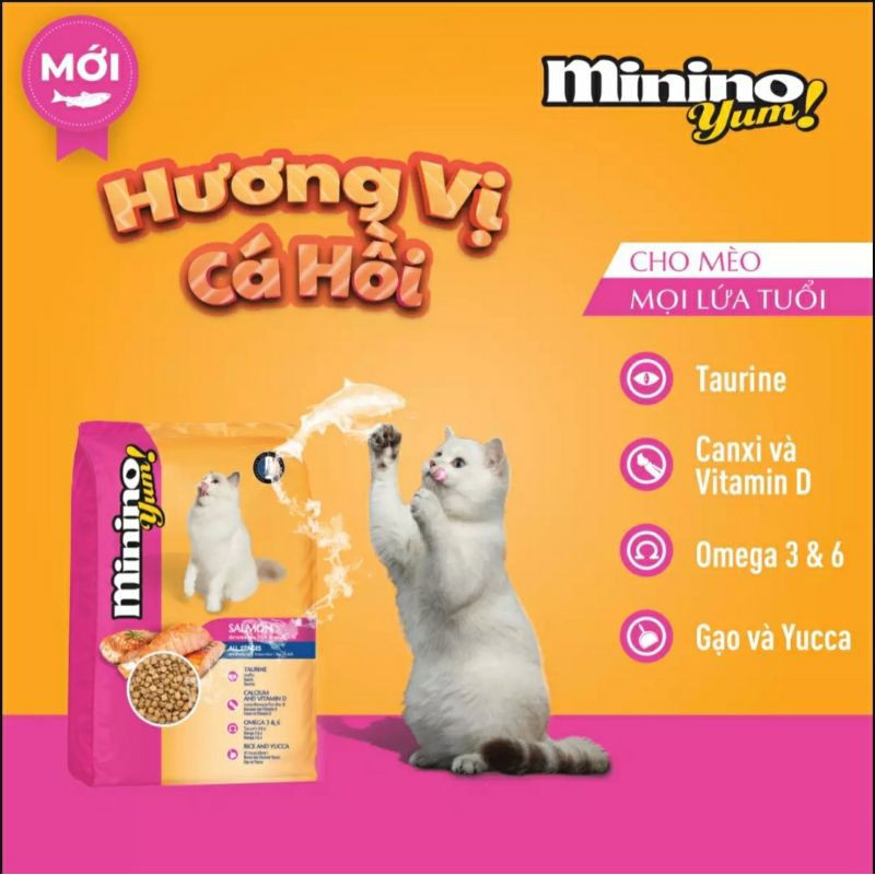 Thức Ăn Hạt Khô Cho Mèo Minino yum vị cá hồi, cá biển 350g