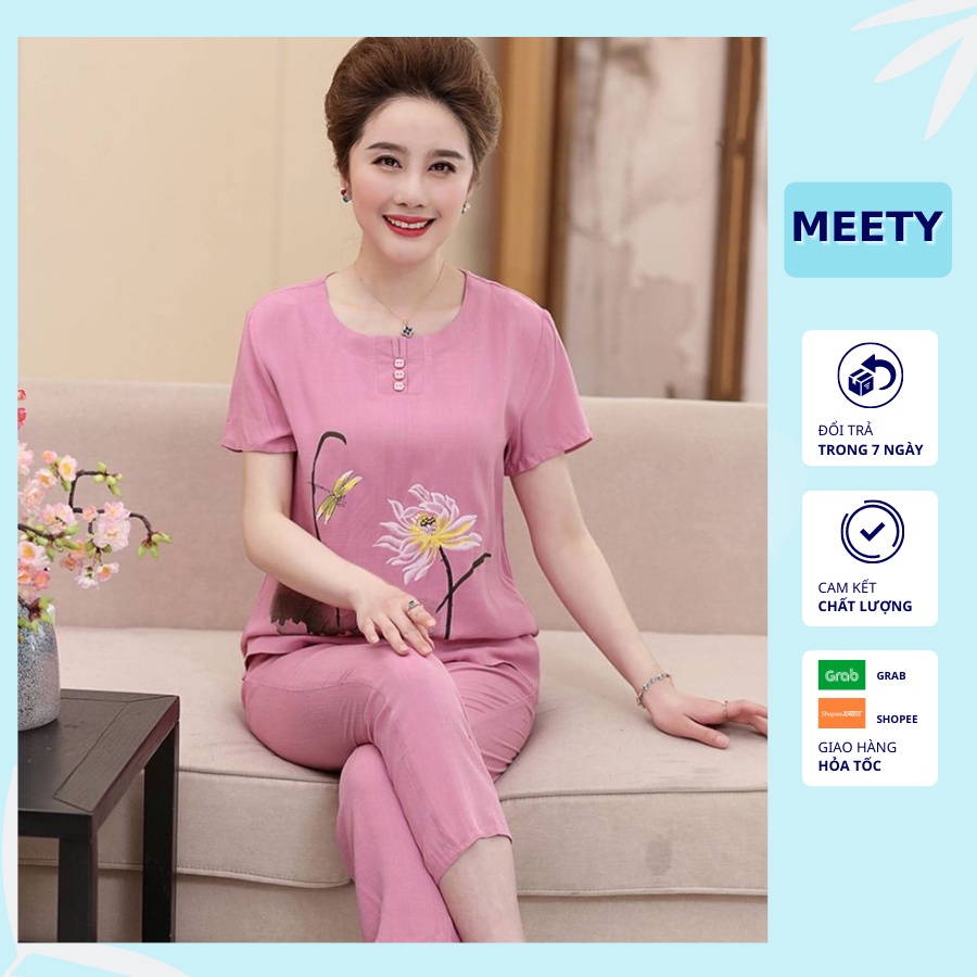 Đồ Bộ Trung Niên Cho Mẹ Mặc Nhà Bisize Vải Đũi Trơn Cao Cấp Mềm Mát, Không Nhăn Lên Dáng Chuẩn Form TN15 - Meety