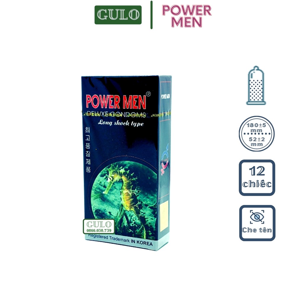 Bao cao su gân gai Power Men Long Shock Cá Ngựa 6 đường gân,489 Hạt Nổi kéo dài thời gian Hộp 12 bao
