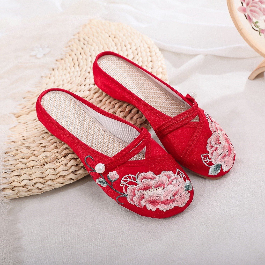 Dép Vải Satin Thêu Họa Tiết Đầu Tròn Phong Cách Trung Hoa Mới 2022