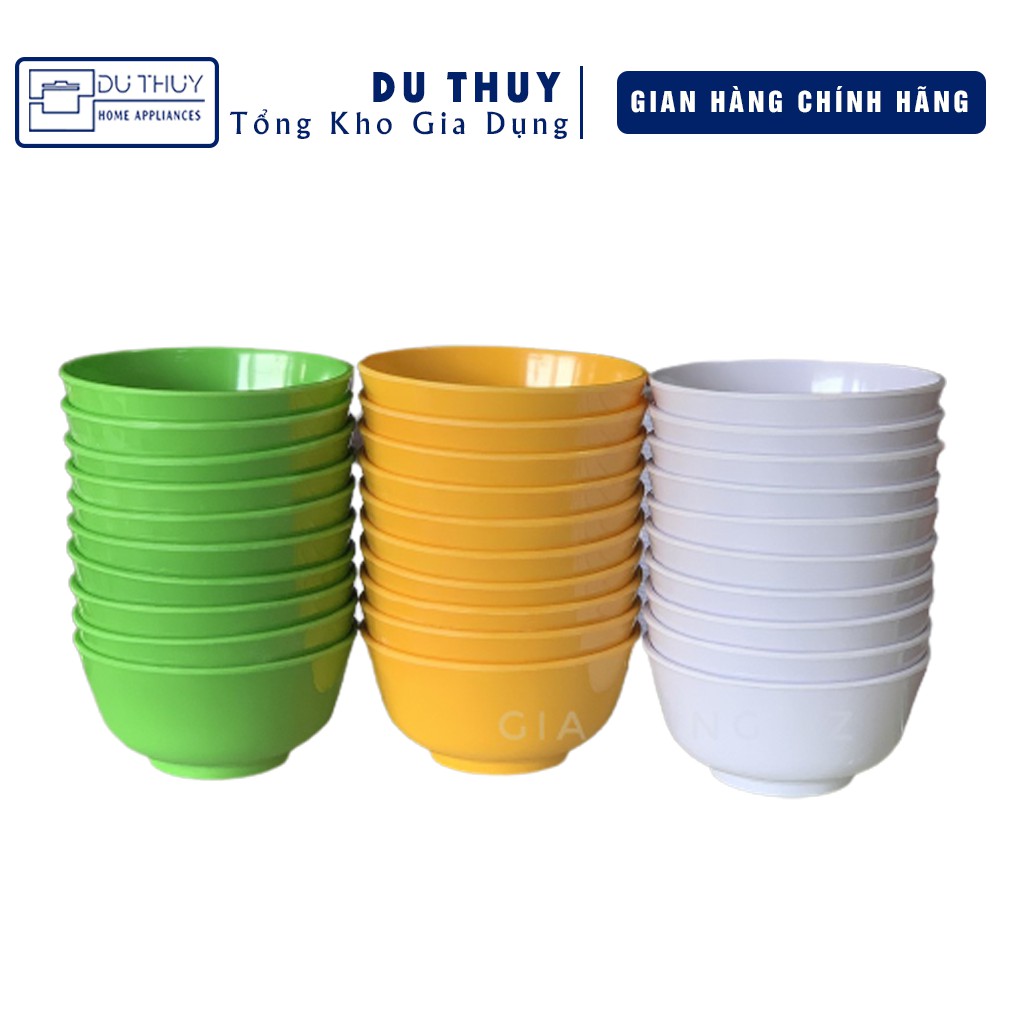 Bộ 10 chén cơm nhựa melamine màu trắng, vàng, xanh, đủ bông (10 chén)