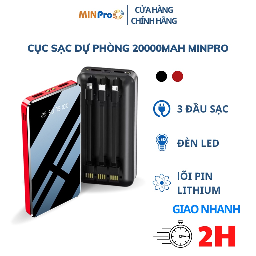 Cục sạc dự phòng 20000mAh MINPRO sạc nhanh 2.1A 3in1 Type C Micro USB có đèn chiếu sáng