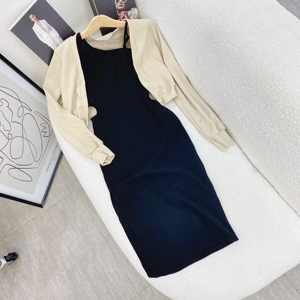 SET ĐẦM ĐEN LỆCH BÊN VAI DÂY + ÁO KHOÁC CROPTOP TRẮNG