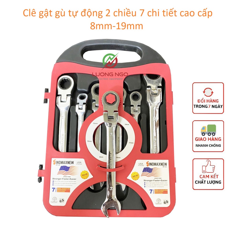 Bộ cờ lê vòng miệng gật gù tự động 7 chi tiết 8-19mm - hàng cao cấp, hoàn thiện tinh xảo, cơ chế siết tự động linh hoạt