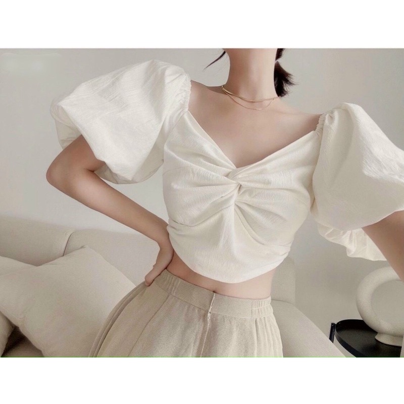 áo crop xoắn ngực tay bồng