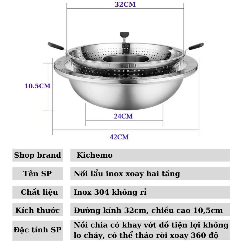 Nồi lẩu inox xoay 2 tầng Hàn Quốc Nồi lẩu inox 2 tầng dùng được cả bếp từ và bếp gas