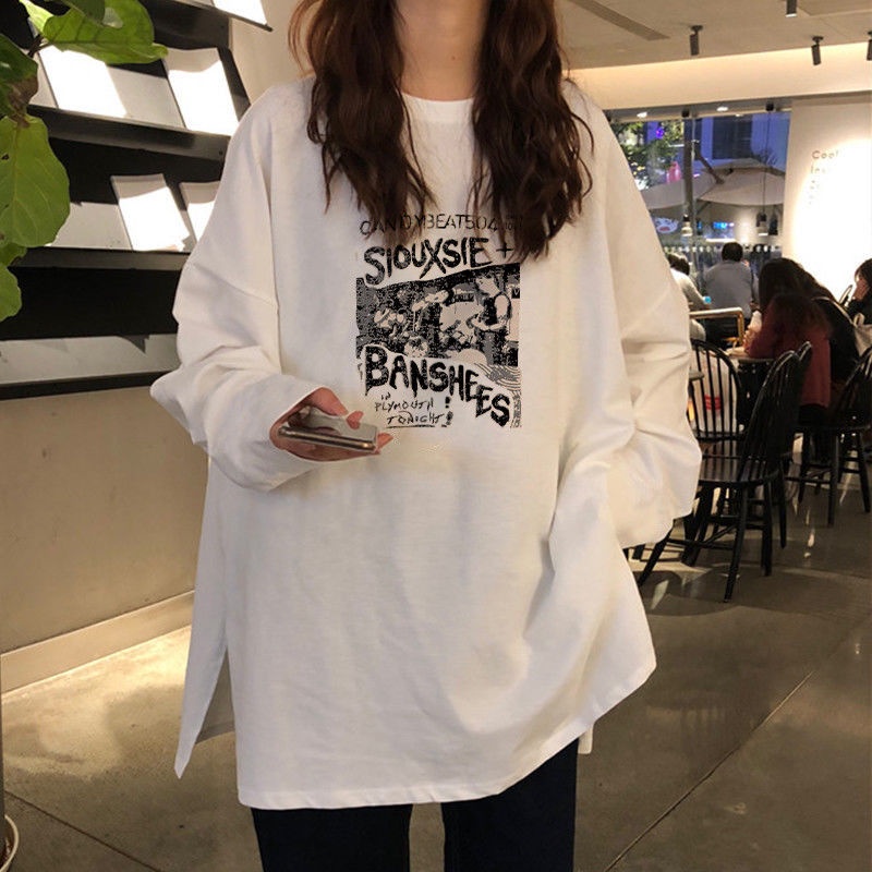 Áo Thun Cotton Tay Dài Dáng Rộng Màu Trắng Phong Cách Hàn Quốc Thời Trang Cho Nữ