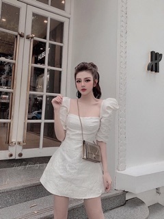 Đầm dự tiệc cổ vuông gấm cotton