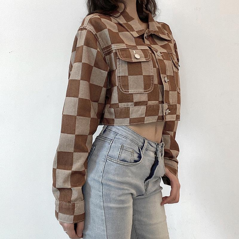 Honypove [Delivery Within 48 Giờ] Áo Khoác Denim Dáng Ngắn Kẻ Sọc Caro Màu Sắc Tương Phản Retro Dễ Phối Đồ Cho Nữ
