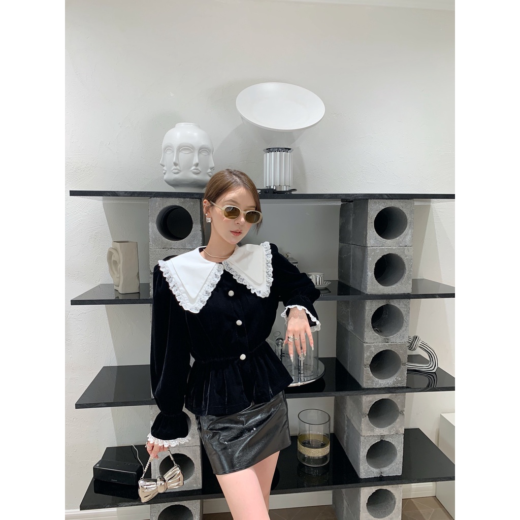 Áo nhung dài tay cổ áo búp bê thời trang cao cấp EENK phong cách Pháp cổ điển, thanh lịch