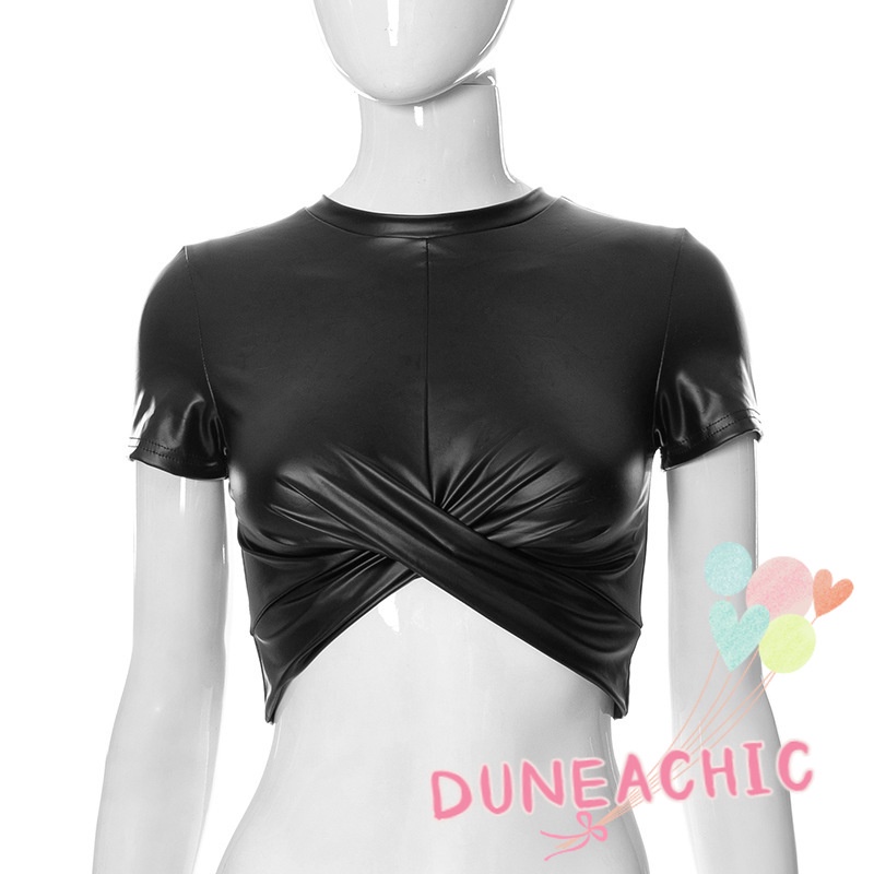 DUNEA Áo Croptop Da PU Ngắn Tay Cổ Tròn Gợi Cảm Cho Nữ