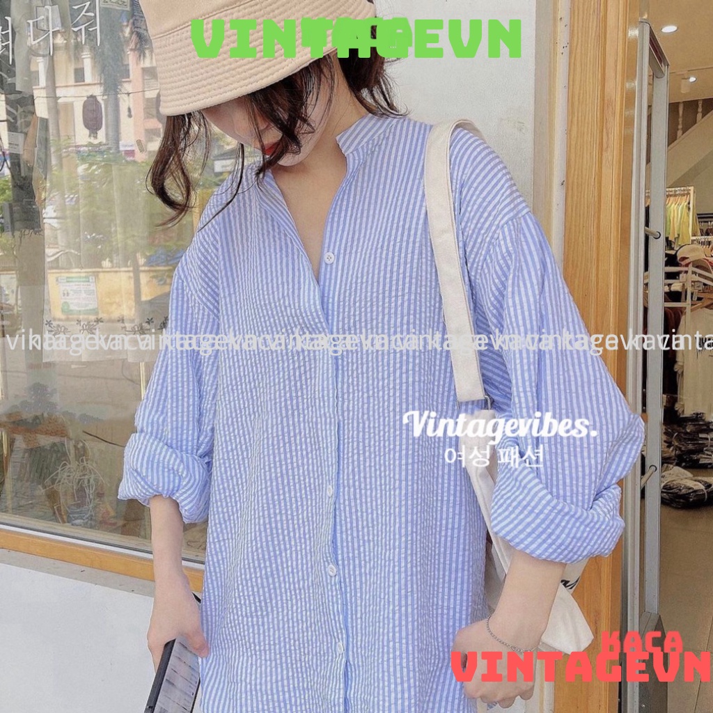 Áo sơ mi dáng rộng kẻ sọc cổ tàu tay phối bèo Ulzzang  - Ảnh thật kaca vintagevn