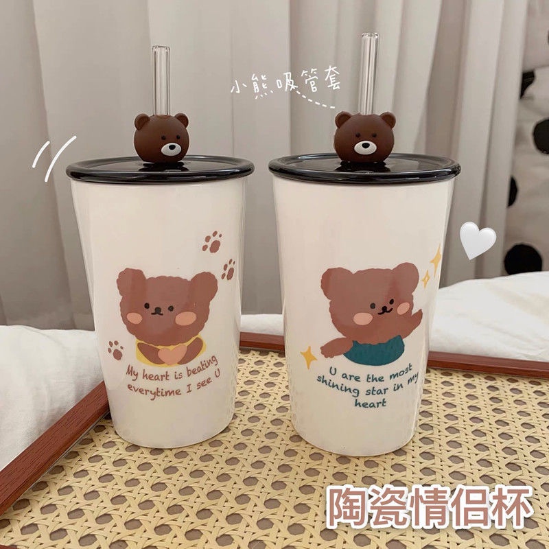 Hãy là chú gấu nhỏ của bạn ~ Cốc vài có ống hút nắp cà phê sữa sáng tạo dễ thương Quà tặng gốmW