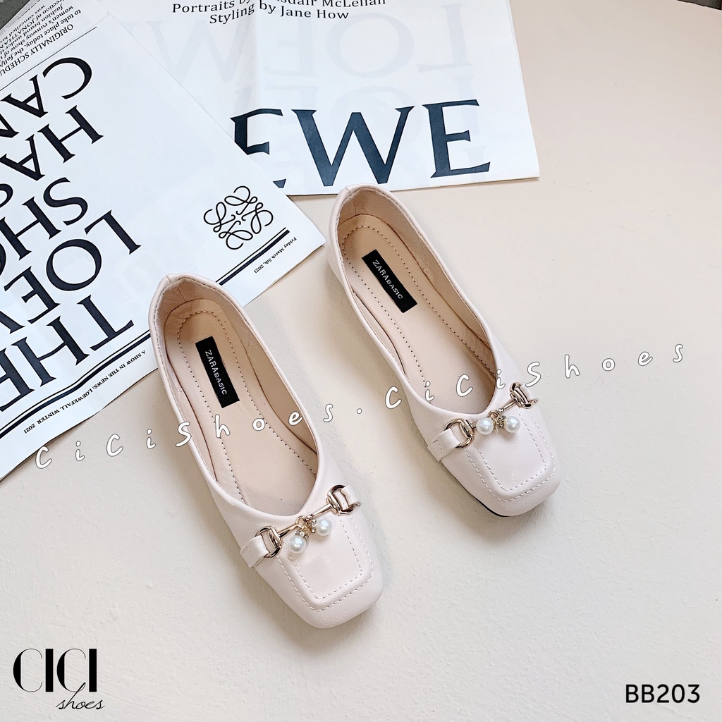 Giày búp bê nữ CiCi Shoes mũi vuông, giầy bệt xích bé đính ngọc - BB203