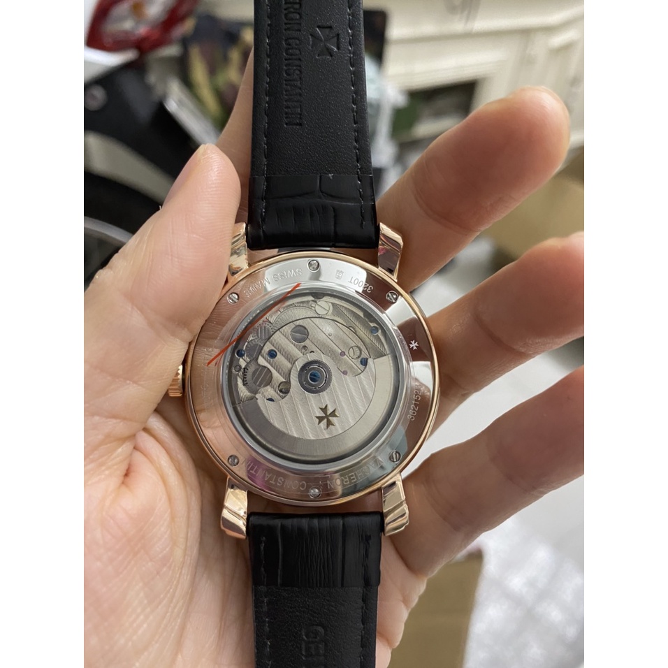 Đồng hồ Nam Vacheron constantin cơ tự động 6kim máy Nhật size 42mm mặt trắng vỏ vàng hồng dây da lịch thứ thàng tháng