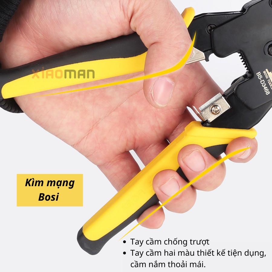 Kìm bấm mạng đa năng Bosi, kìm bấm dây mạng xuyên thấu thiết kế trợ lực chống trượt cực xịn