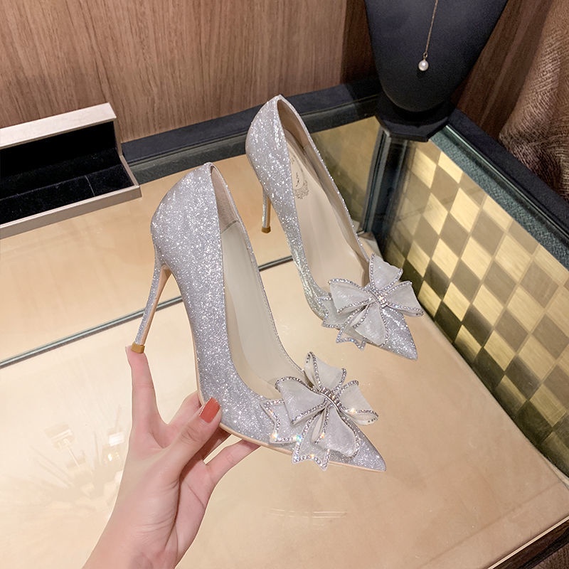 Giày Cao Gót Mũi Nhọn Đính Đá Pha Lê Thời Trang Mới 2022 Cho Nữ Giày Cao Gót Nơ  Fairy Bow Knot Baotou Crystal High Heels