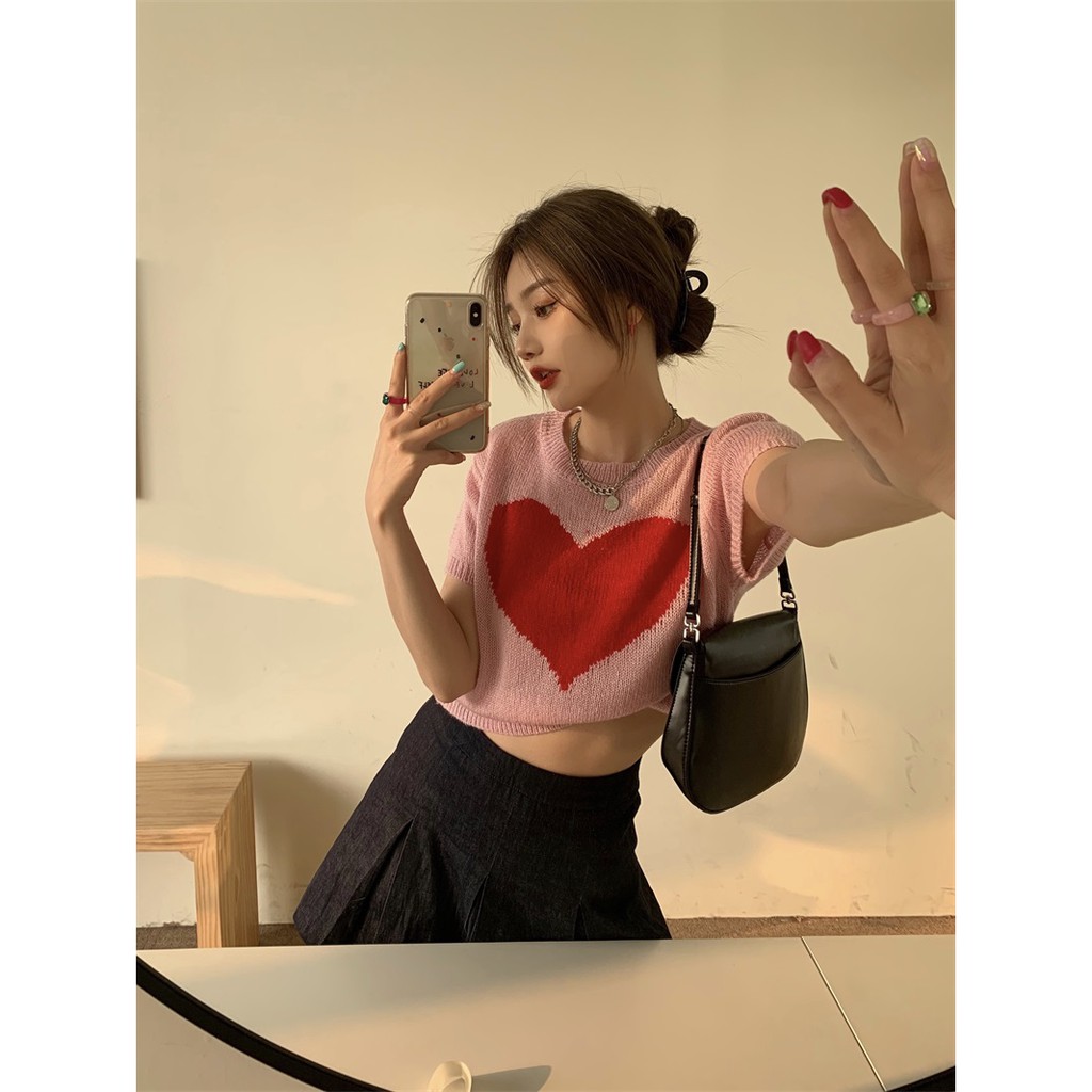 Áo dệt kim ngắn tay họa tiết trái tim đáng yêu dành cho nữ