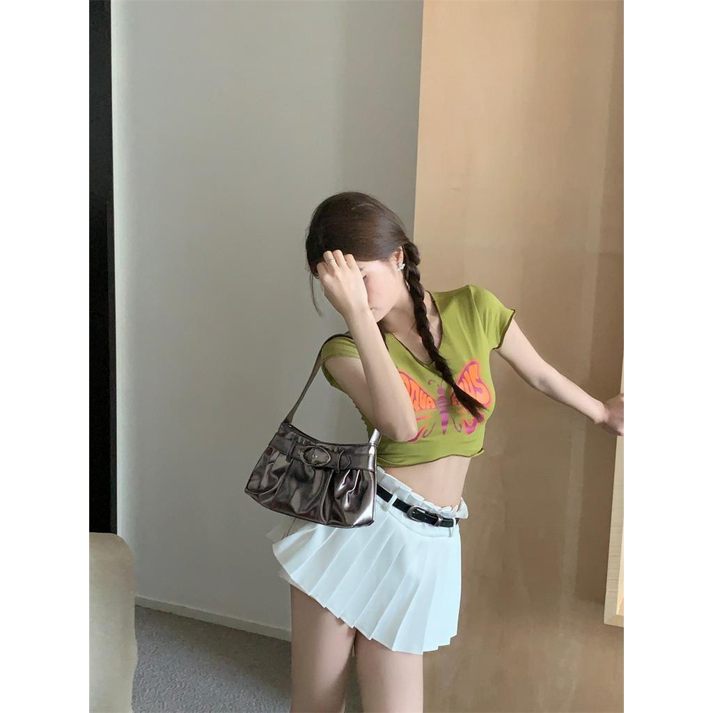 Áo Croptop Ngắn Tay Ôm Dáng In Họa Tiết Bướm Xinh Xắn Theo Phong Cách Mùa Hè Dành Cho